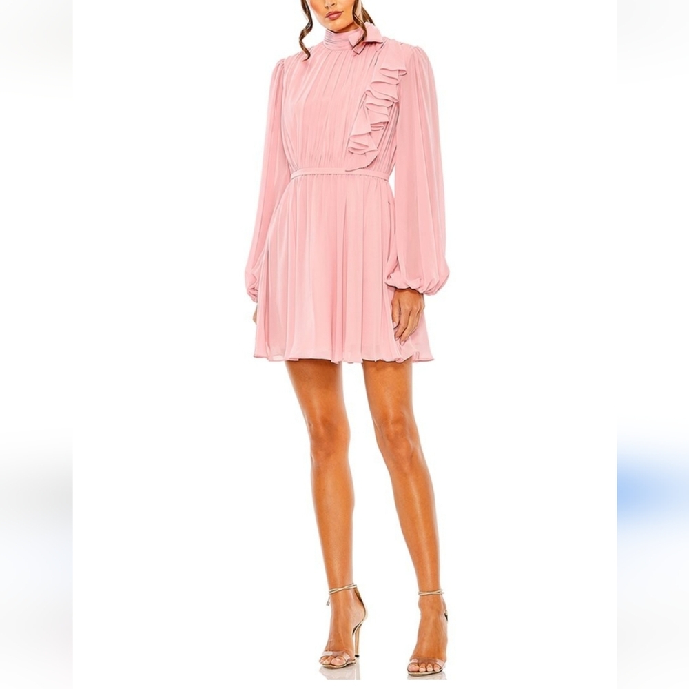 IEENA MacDuggal Pink High Neck Drape Ruffle Mini Dress Evening Formal Party Prom